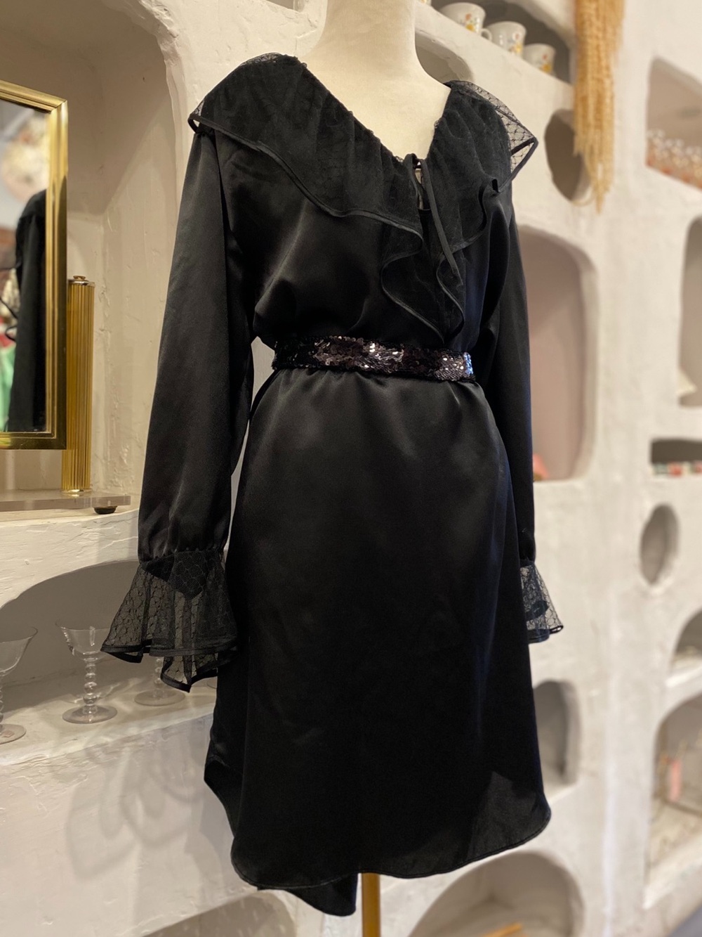 Vintage Black Satin Long Sleeve Nightgown with Tie Neck and Ruffle Lace Collar